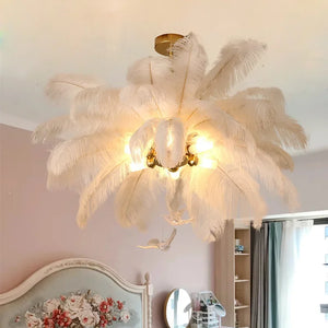 Featherelle Luxe Struisvogelveren Hanglamp – Witte LED Kroonluchter voor Woonkamer & Eetkamer