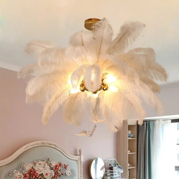 Featherelle Luxe Struisvogelveren Hanglamp – Witte LED Kroonluchter voor Woonkamer & Eetkamer