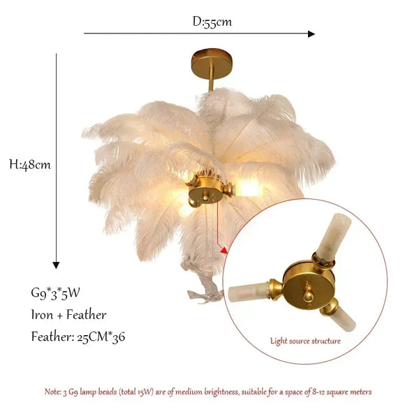 Featherelle Luxe Struisvogelveren Hanglamp – Witte LED Kroonluchter voor Woonkamer & Eetkamer