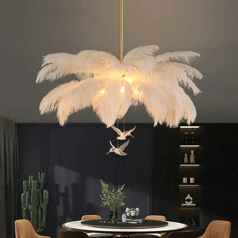 Featherelle Luxe Struisvogelveren Hanglamp – Witte LED Kroonluchter voor Woonkamer & Eetkamer