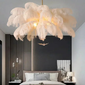 Featherelle Luxe Struisvogelveren Hanglamp – Witte LED Kroonluchter voor Woonkamer & Eetkamer