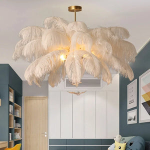 Featherelle Luxe Struisvogelveren Hanglamp – Witte LED Kroonluchter voor Woonkamer & Eetkamer