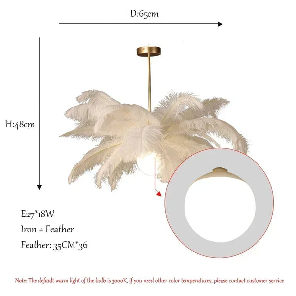 Featherelle Luxe Struisvogelveren Hanglamp – Witte LED Kroonluchter voor Woonkamer & Eetkamer