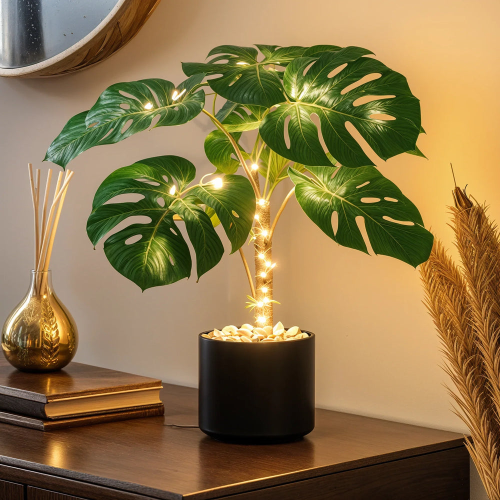 “Monstera LED Tafellamp – Groene Kunstplant met Warm Wit Licht en USB-aansluiting