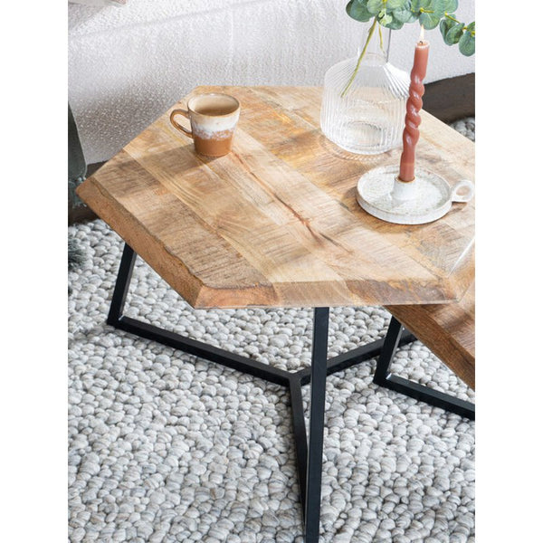 Salontafel set van 2 Kiara – achthoekige mangohouten tafeltjes met zwart metalen frame (industrieel & stijlvol)