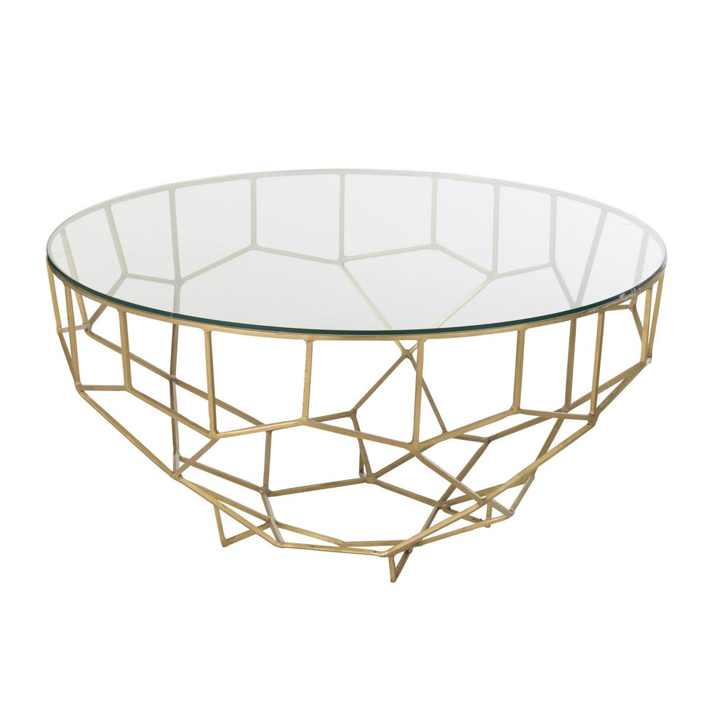 J-Line Salontafel Moza – Ronde Glazen Tafel met Goudkleurig Geometrisch Frame