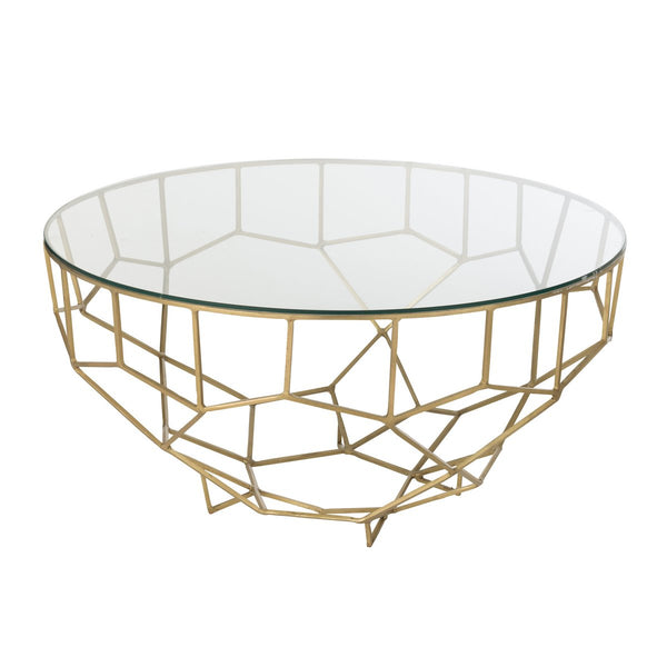 J-Line Salontafel Moza – Ronde Glazen Tafel met Goudkleurig Geometrisch Frame