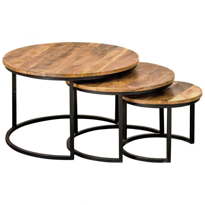 Salontafel Bart – Set van 3 – Mangohout & Metaal – Industrieel – Nesttafels
