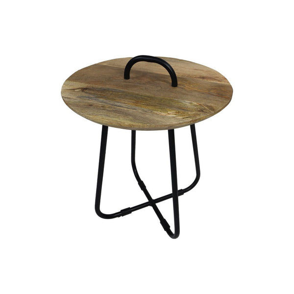 Ronde Bijzettafel Ø45 cm met Handvat – Mangohout & Zwart Metaal