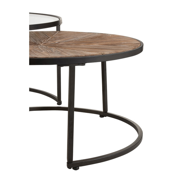 J-Line Salontafel Set van 2 – Rond Glas & Hout met Zwart Metaal