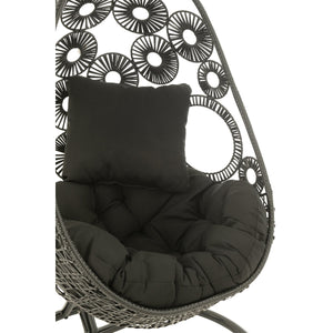 J-Line Hangstoel Bula – Zwart Metaal & Riet – Inclusief Kussens – 113×103×197 cm – Luxe loungestoel
