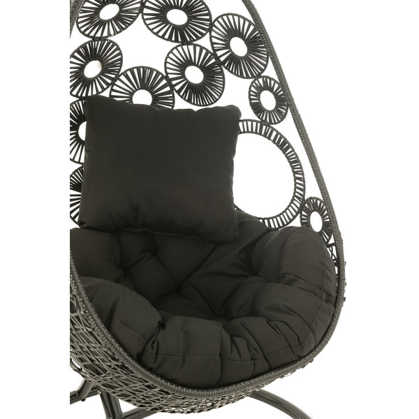 J-Line Hangstoel Bula – Zwart Metaal & Riet – Inclusief Kussens – 113×103×197 cm – Luxe loungestoel