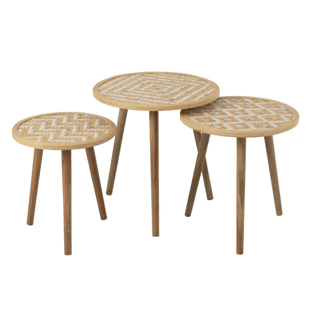 J-Line Bijzettafel Set met Patronen – Bamboe/Hout – Naturel & Wit – 3-delige set