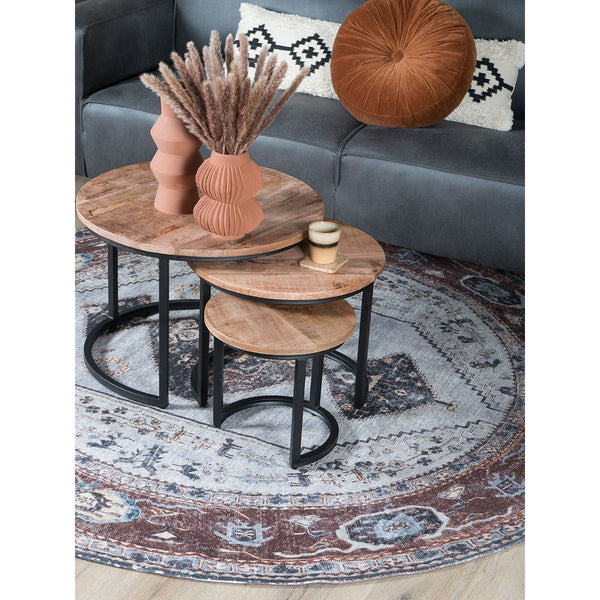 Industriële Salontafel Set van 3 – Ronde Tafels Mangohout & Zwart Staal – Erjan