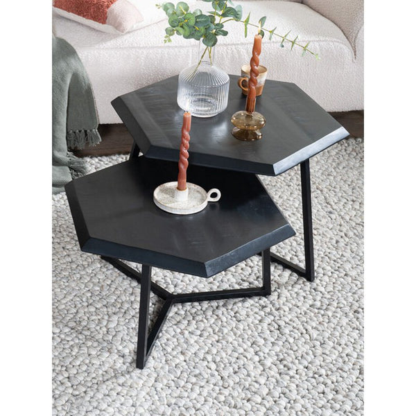 Salontafel Kiara Set van 2 – Zwart Mangohout met Metalen Frame