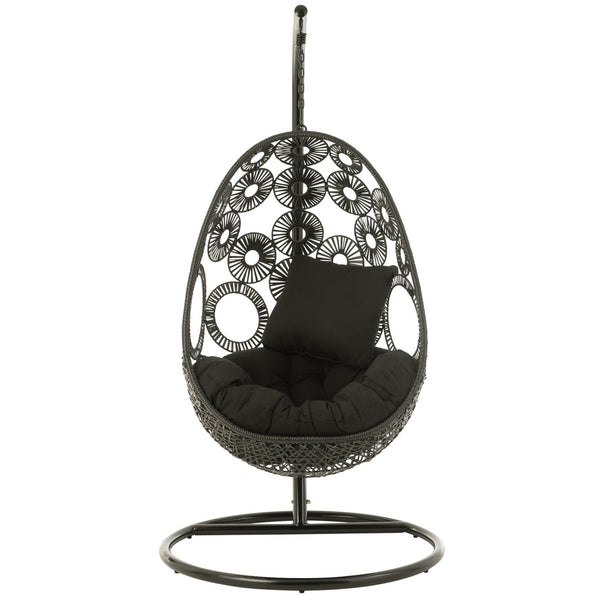 J-Line Hangstoel Bula – Zwart Metaal & Riet – Inclusief Kussens – 113×103×197 cm – Luxe loungestoel