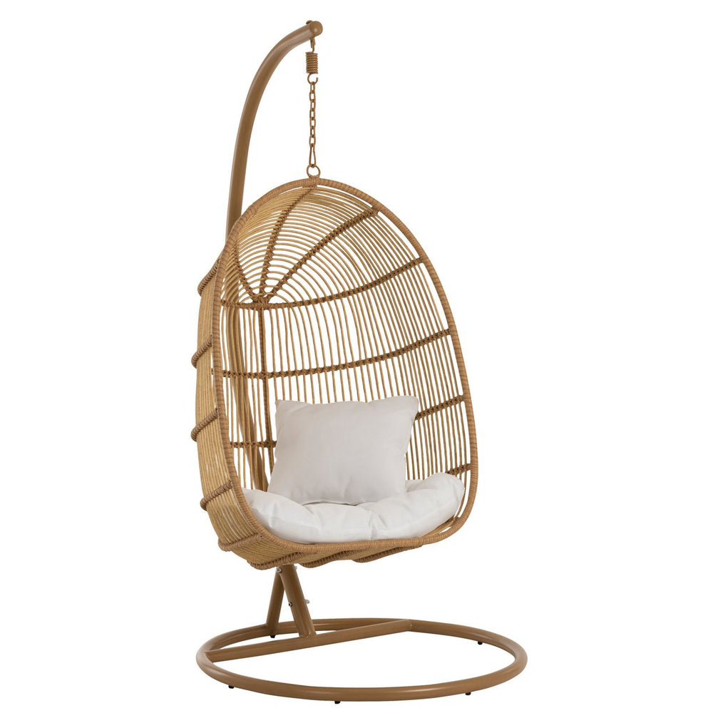 J-Line Hangstoel Ovaal – Staal & Rotanlook – Naturel – 119×105×193 cm – Luxe lounge hangstoel met kussen