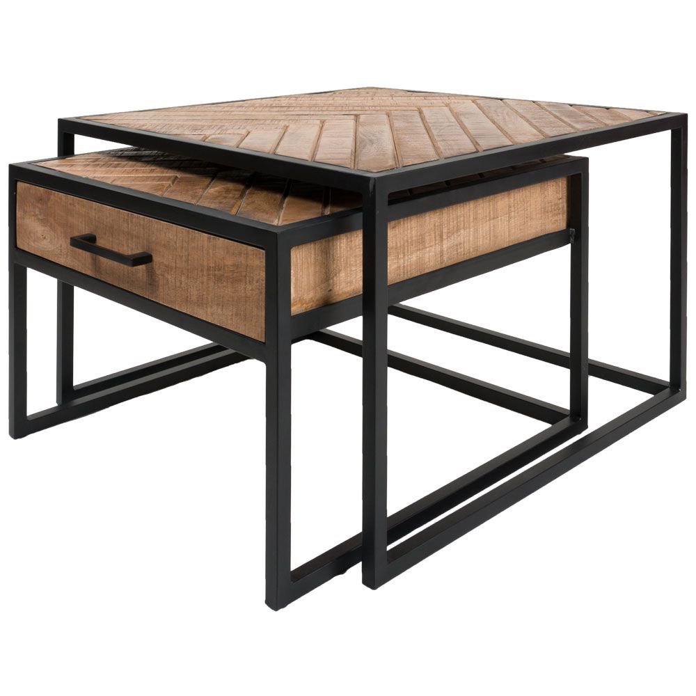 Salontafel Set van 2 – Ruby Visgraat Bruin Mangohout met Zwart Metaal