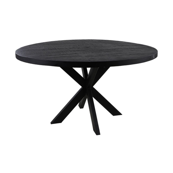 Ronde Eettafel Mangohout – Zwart – Ø140 cm – Industrieel Design met Metalen Kruispoot