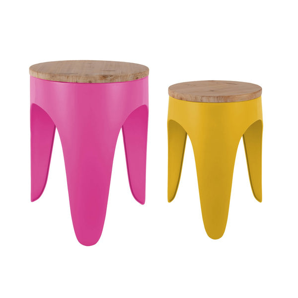 Set van 2 Retro Funky Krukjes | Kleurrijke Zitplaatsen met Houten Top