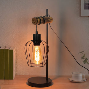 Rustieke Industriële Nachtlamp – Retro Tafellamp met E27 Fitting, 25×16 cm, Metaal & Hout