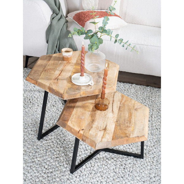 Salontafel set van 2 Kiara – achthoekige mangohouten tafeltjes met zwart metalen frame (industrieel & stijlvol)