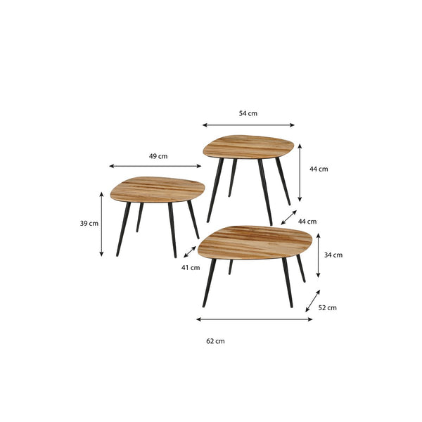 Set van 3 Bijzettafels – Gerecycled Hout & Zwart Metaal – Organische Vorm – Bruin