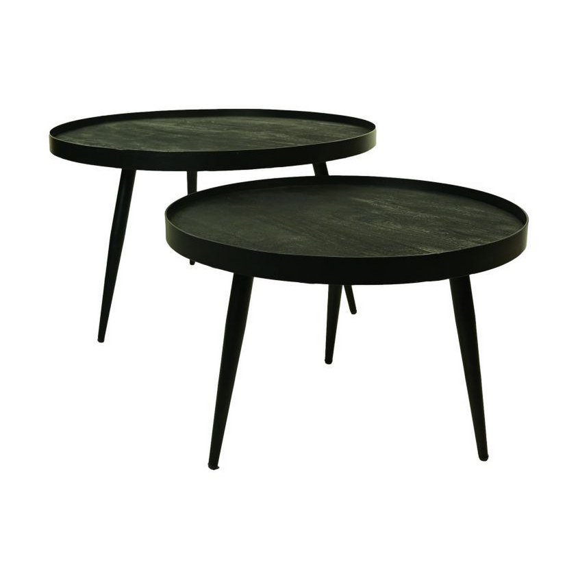 Salontafels Rond – Set van 2 – Zwart Mangohout & Metaal – Industrieel – Ø76 & Ø58 cm