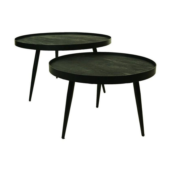 Salontafels Rond – Set van 2 – Zwart Mangohout & Metaal – Industrieel – Ø76 & Ø58 cm