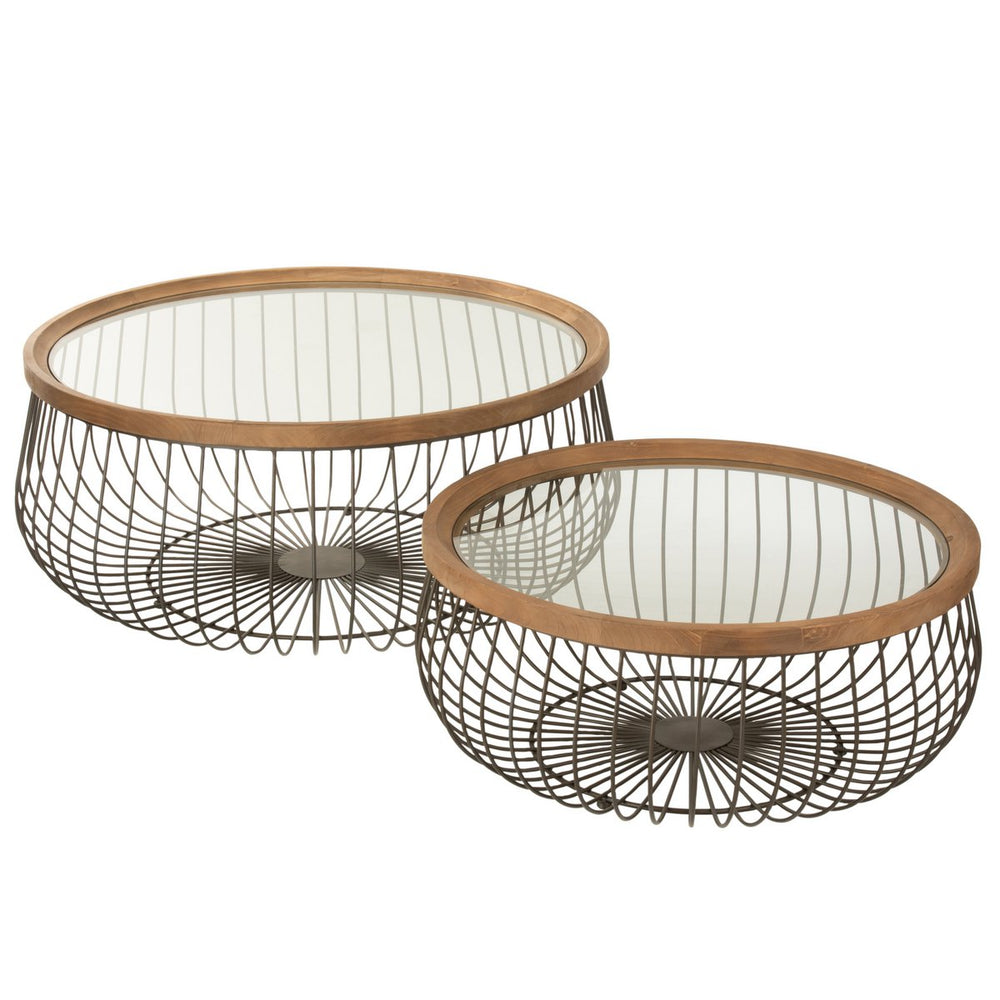 J-Line Set van 2 Salontafels – Rond Metaal/Glas – Zwart met Houten Rand – 100×100×45 cm