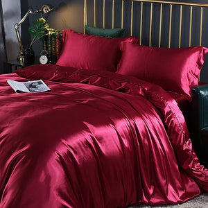 Luxe 4-delige Zijde Satijn Beddenset met Dekbedovertrek, Hoeslaken & Kussenslopen