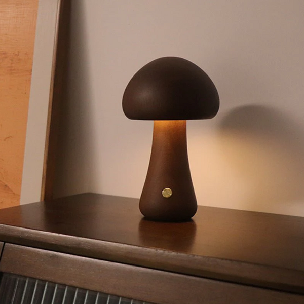 MiroBlüte Oplaadbare Paddenstoel Tafellamp – Houten Accenten, Zacht Warm Licht voor Woondecoratie