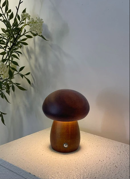 MiroBlüte Oplaadbare Paddenstoel Tafellamp – Houten Accenten, Zacht Warm Licht voor Woondecoratie