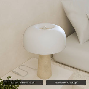 Lyra Tafellamp Elegante Travertin Voet & Handgeblazen Opal Glas