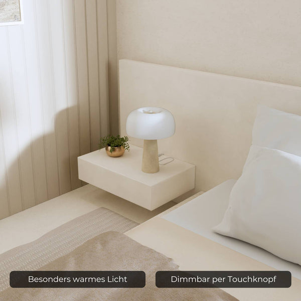 Lyra Tafellamp Elegante Travertin Voet & Handgeblazen Opal Glas