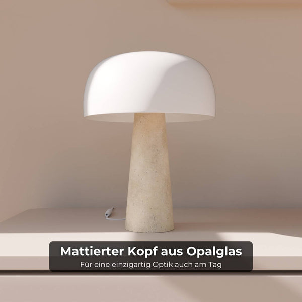 Lyra Tafellamp Elegante Travertin Voet & Handgeblazen Opal Glas
