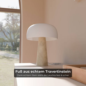 Lyra Tafellamp Elegante Travertin Voet & Handgeblazen Opal Glas