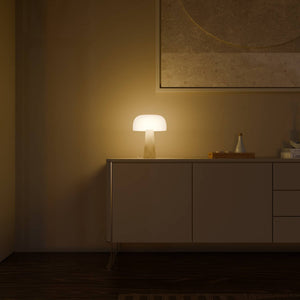Lyra Tafellamp Elegante Travertin Voet & Handgeblazen Opal Glas