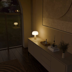 Lyra Tafellamp Elegante Travertin Voet & Handgeblazen Opal Glas