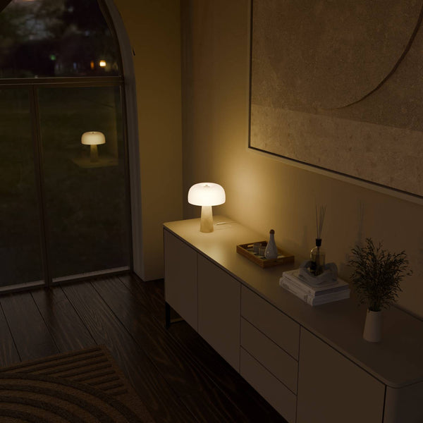 Lyra Tafellamp Elegante Travertin Voet & Handgeblazen Opal Glas